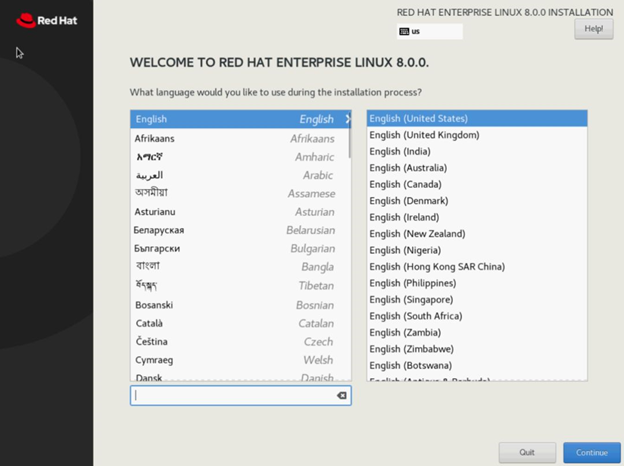 Auswahlbildschirm für die RHEL-Installationssprache