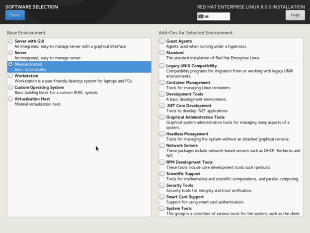 Écran de sélection du logiciel RHEL