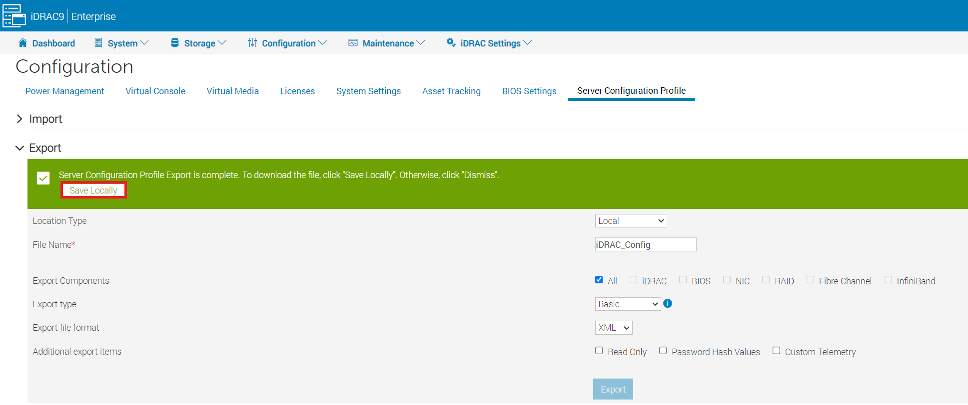 Exportación de la configuración del servidor de iDRAC