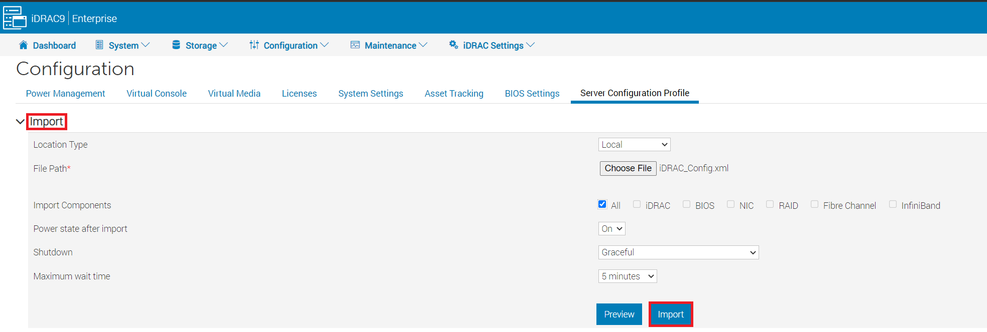 Configuración de iDRAC: importación