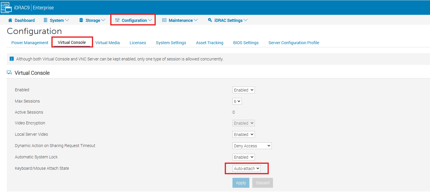 IDRAC Web configuration page for Virtual Console settings