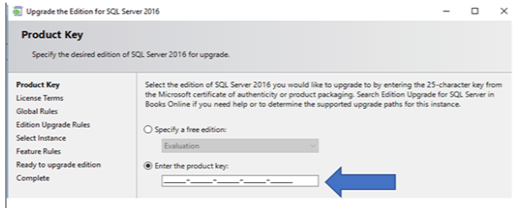 Digite a chave do produto do SQL Server no campo fornecido.