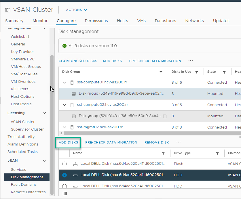 Sélectionner le bouton Ajouter des disques dans la section Gestion des disques du cluster vSAN