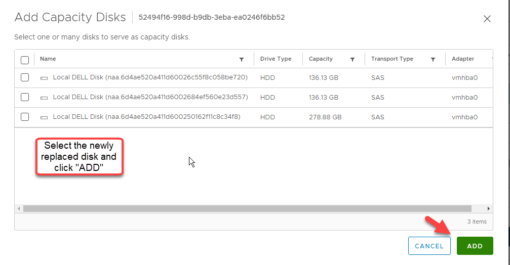 추가할 디스크를 선택하는 Add Capacity Disks 마법사