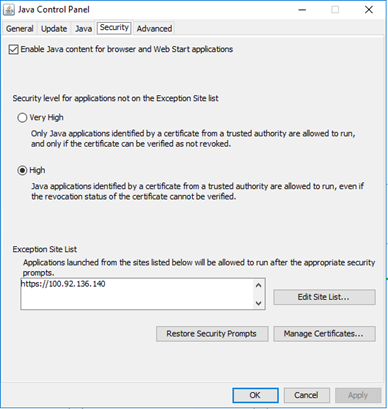 Java Control Panel Security tab with Exception Site List
