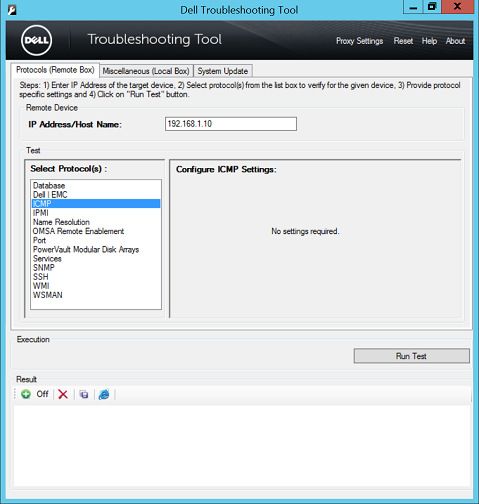ICMP configuration settings in the Troubleshooting Tool