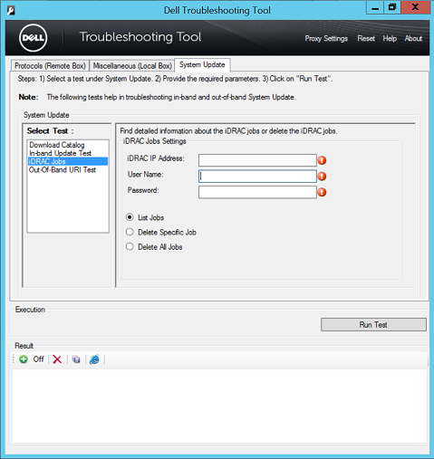 iDRAC Jobs interface in the Troubleshooting Tool