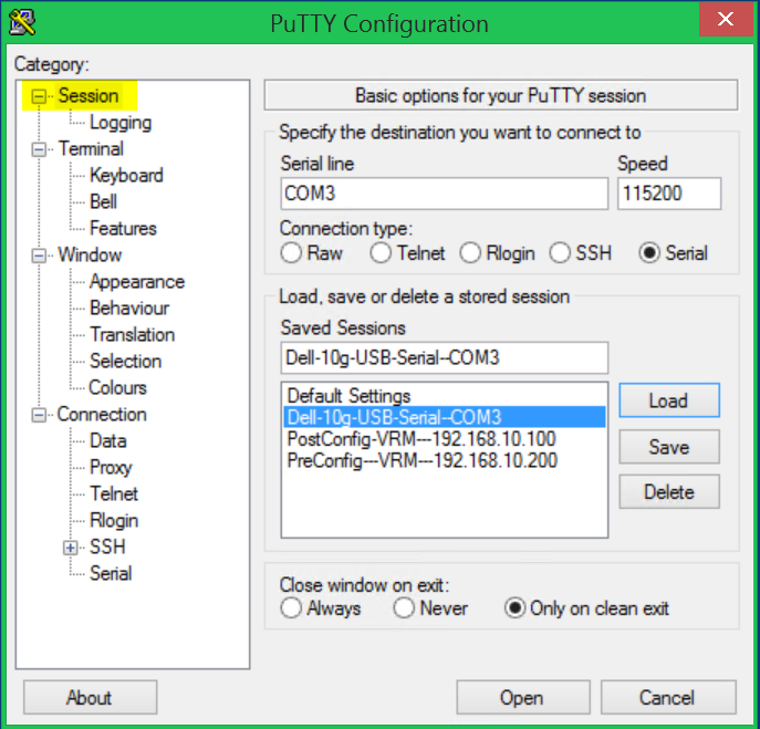Screenshot showing putty session settings