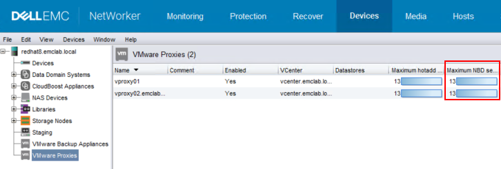 NetWorker > Devices > VMware Proxies