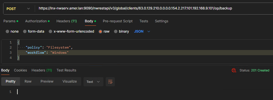 Example of REST API post request for client backup