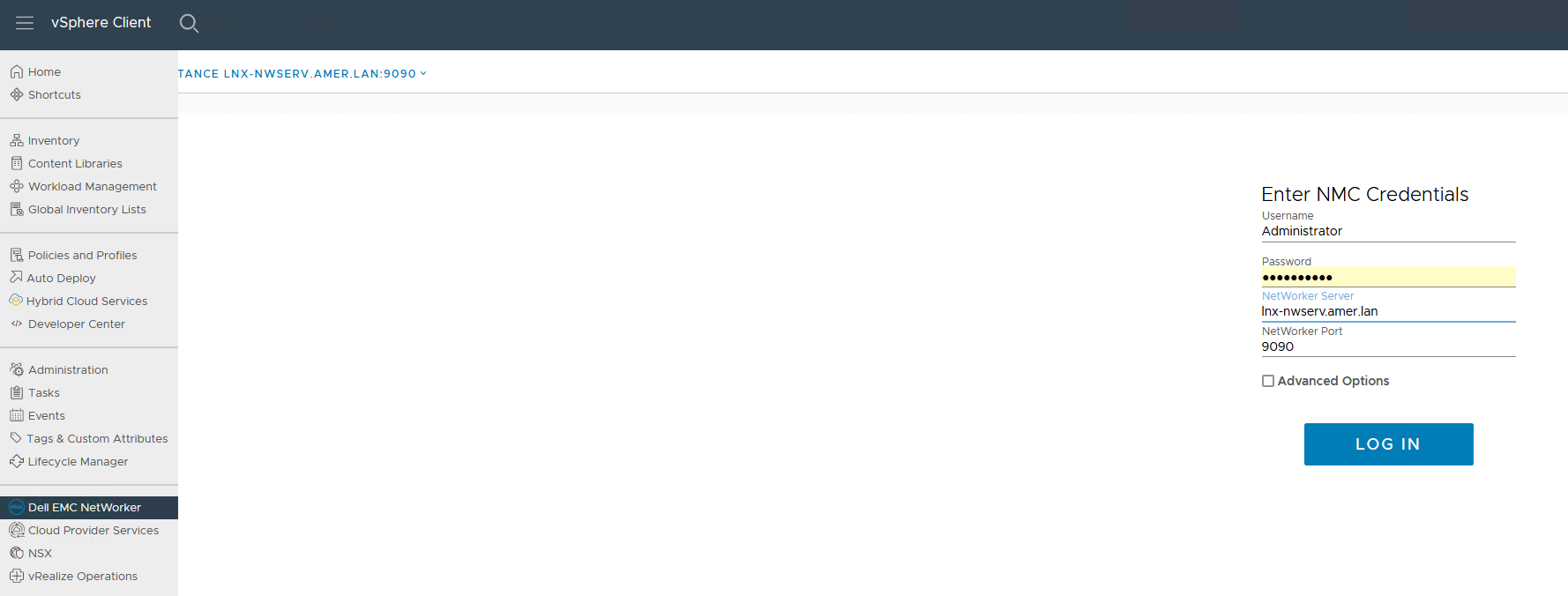 accessing vSphere NetWorker plugin