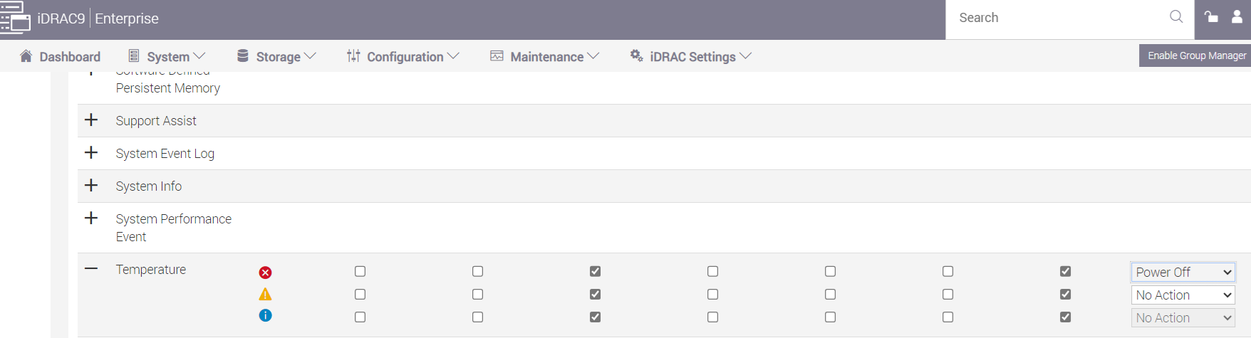 iDRAC'taki sıcaklık eylemlerinin ekran görüntüsü
