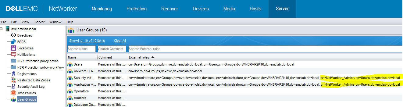 NetWorker NSR User Groups permissions