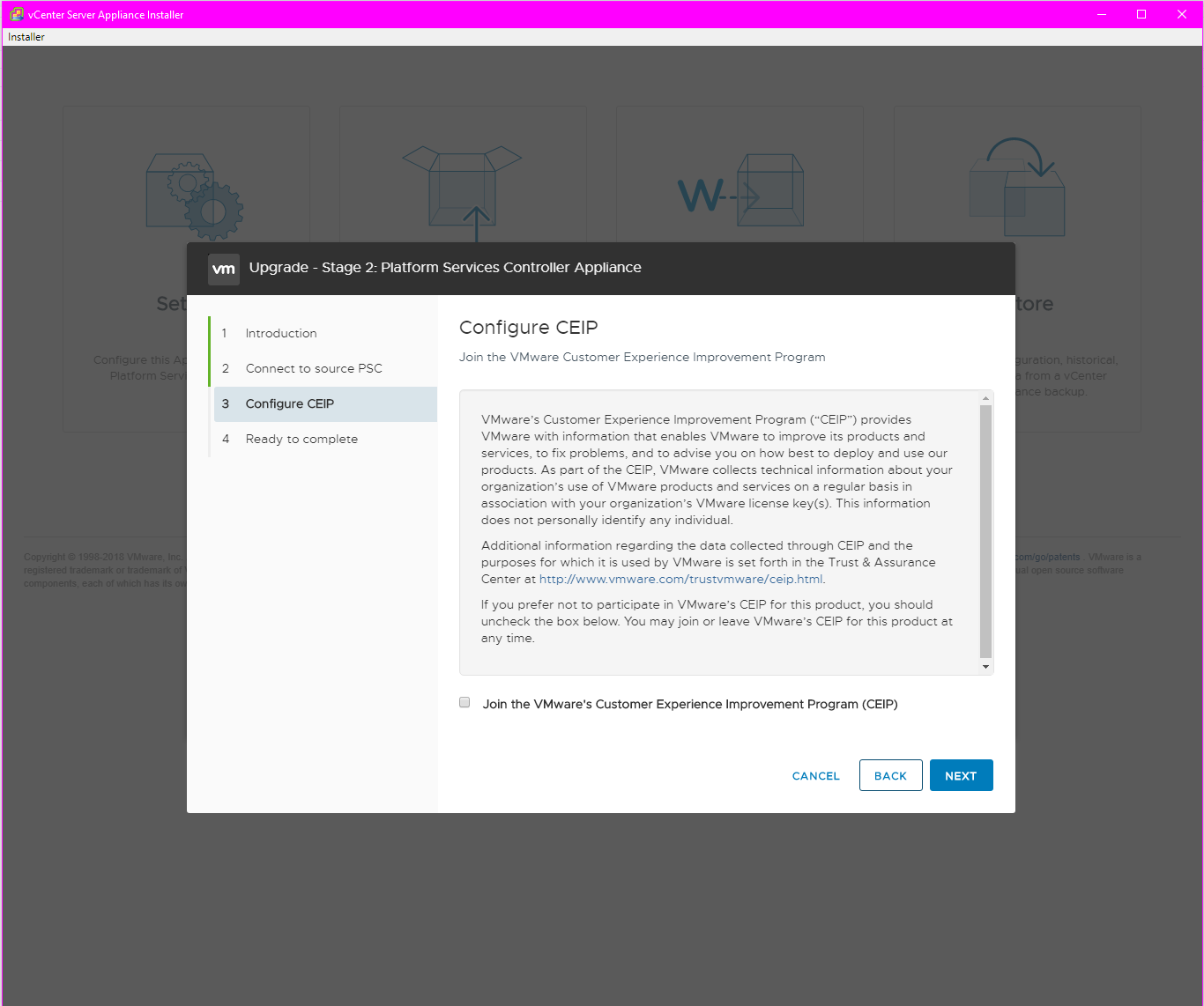 Check or uncheck to join CEIP depending on preference