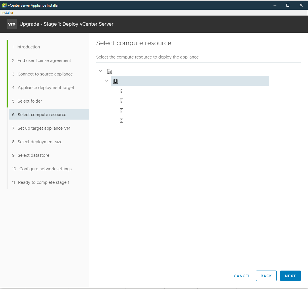 Screenshot of host selection