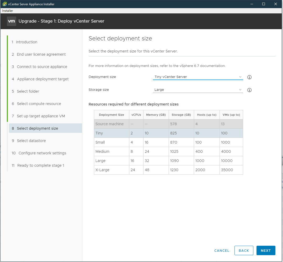 Screenshot of deployment size selector