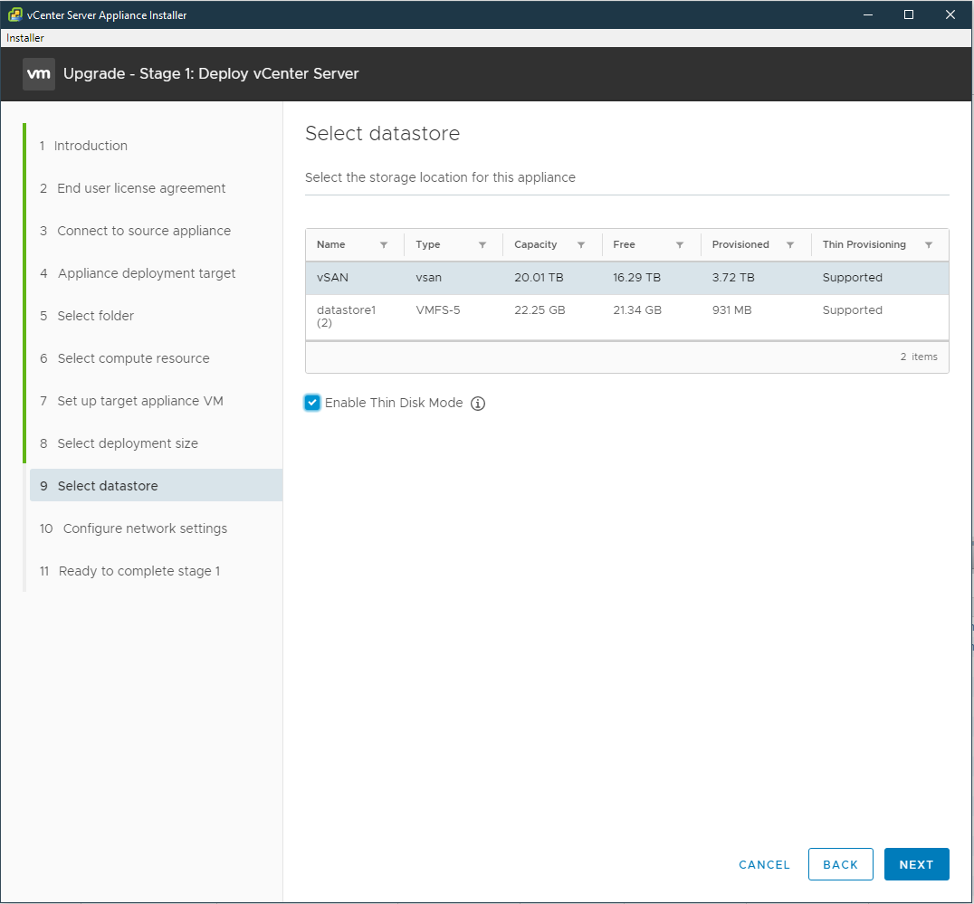 Screenshot of enabling thin disk