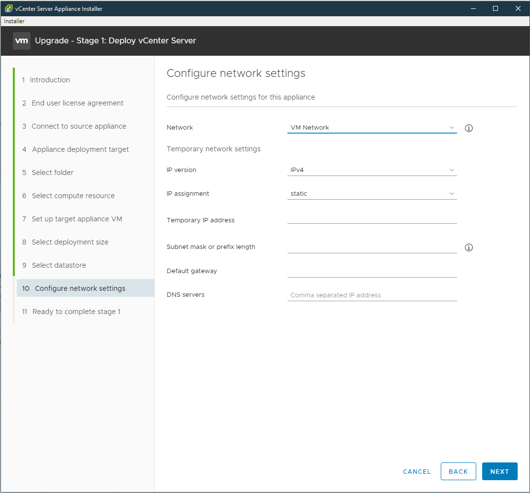 Screenshot of setting a temporary IP for the new appliance