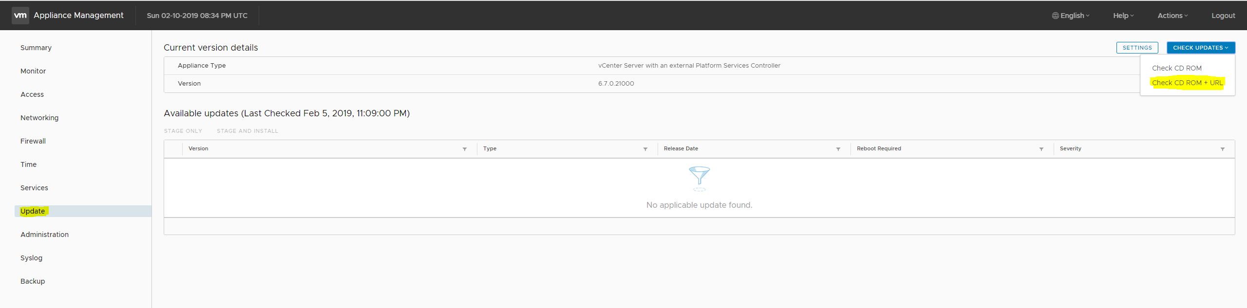 Screenshot of vami update page