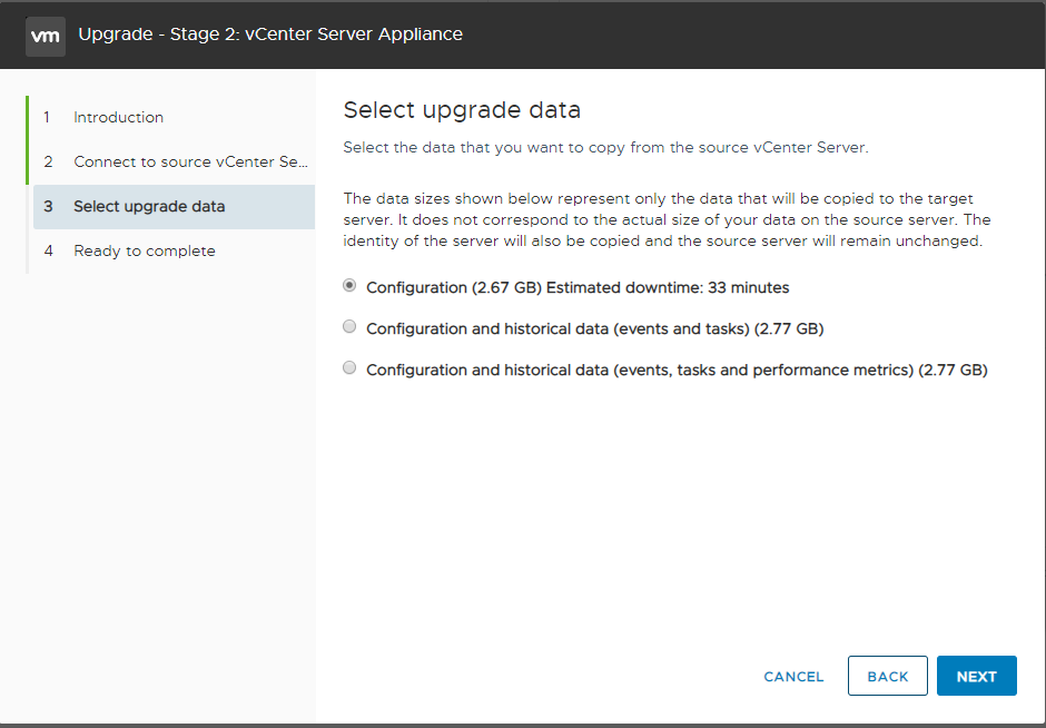 Screenshot of data transfer options