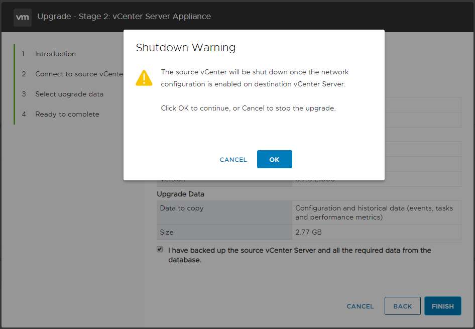 Screenshot of warning that original appliance will be shut down
