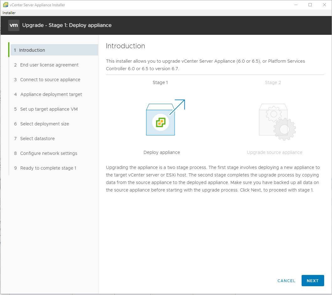Screenshot of upgrade introduction page
