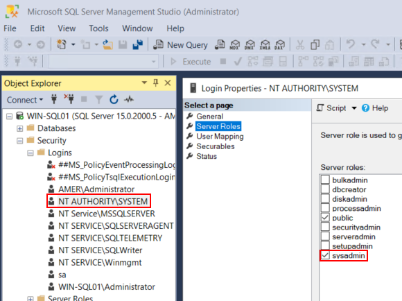 MSSMS setting sysadmin role to SYSTEM account