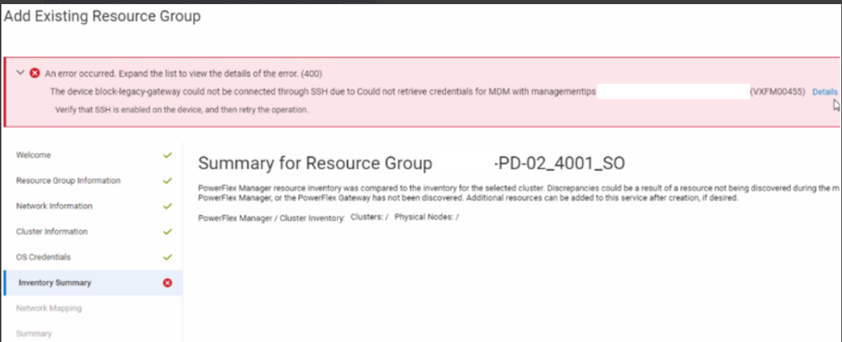 A screenshot from the PFxM UI may show the following error: