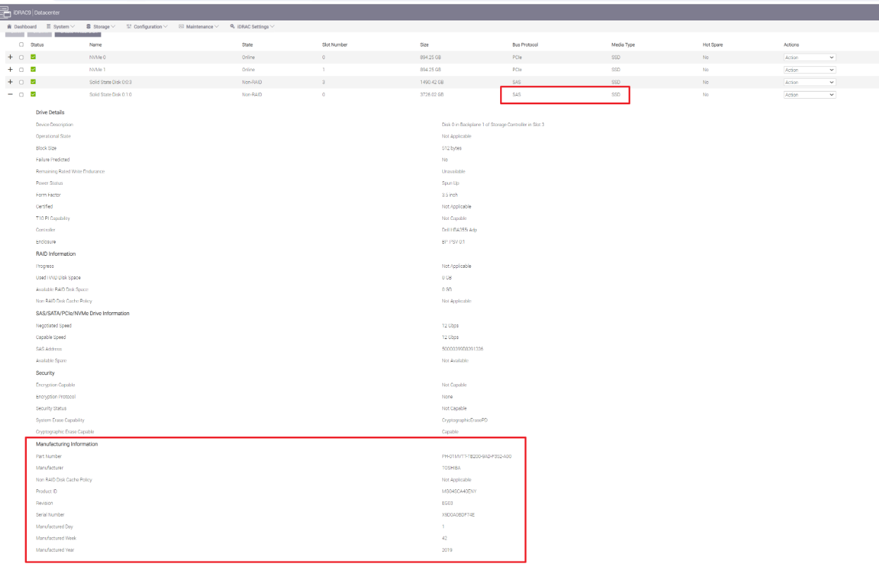 Manufacturing Information of SAS on iDRAC UI