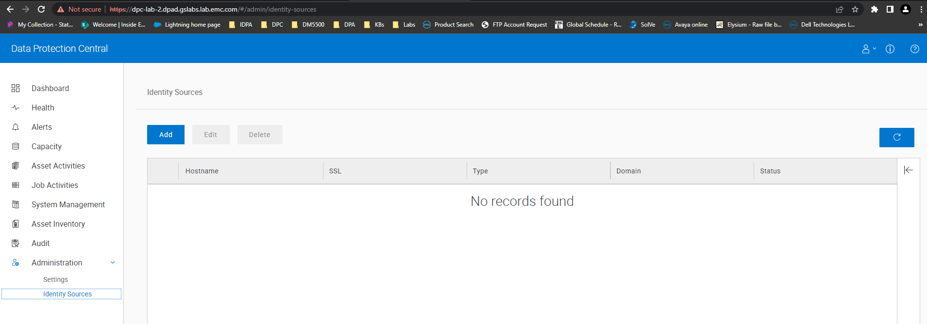 Capture d’écran du référentiel d’identité, vide