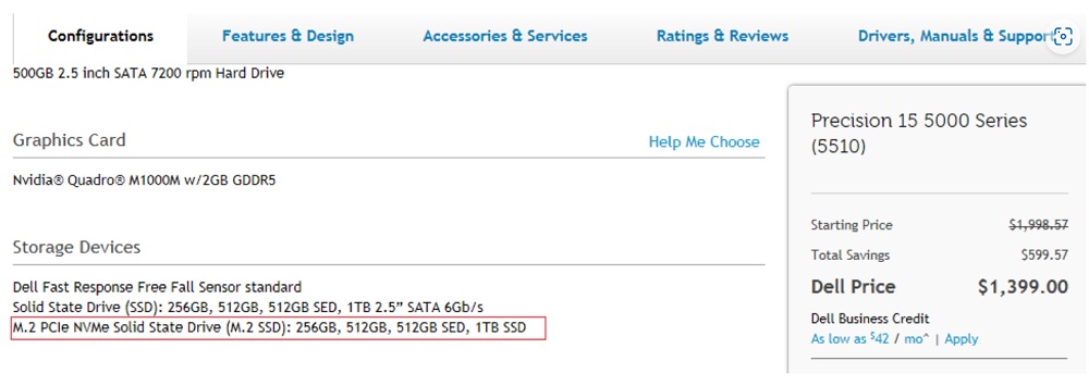 M.2 NVMe (M-tast) alternativer for konfigurasjon av en Precision 5510