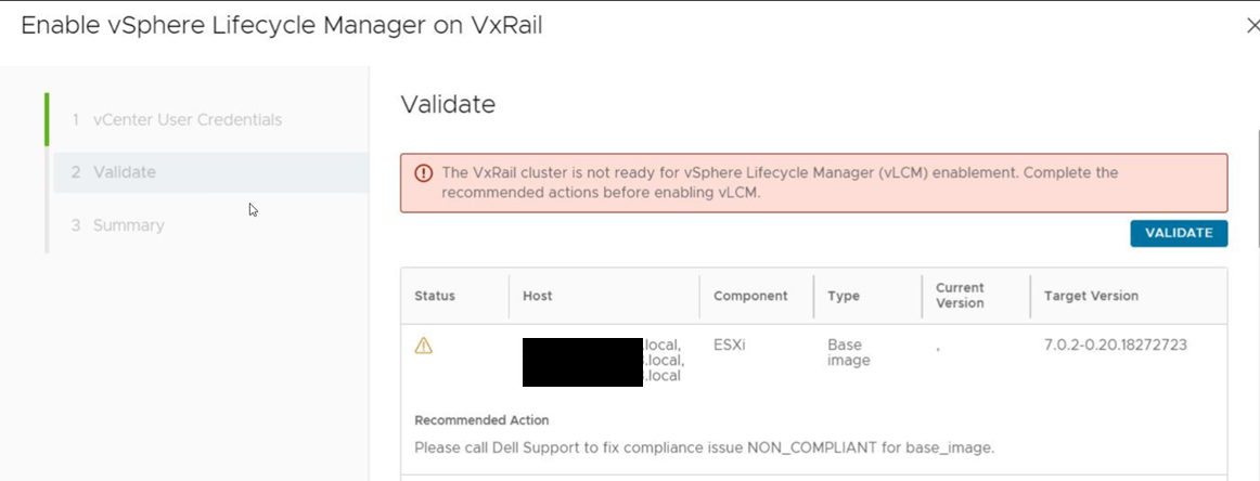 Captura de pantalla del error al habilitar vLCM