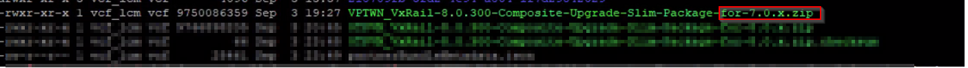Picture of error "Skipping VxRail cluster upgrade required patch binary: VPTWN _VxRail-8.0.300-Composite-Upgrade-Slim-Package-for-8.0.x.zip is not available...."