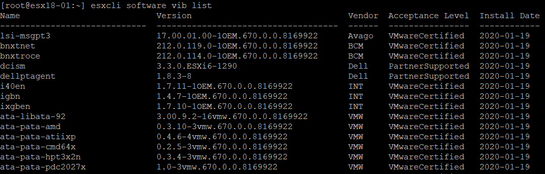esxcli software vib list command output