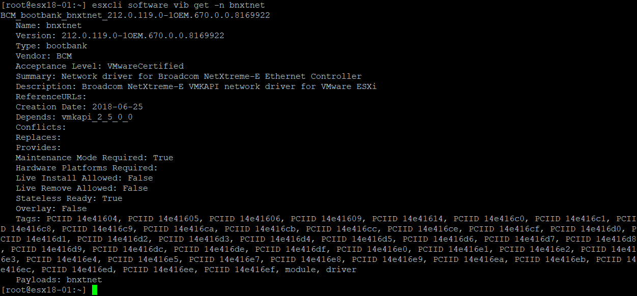 esxcli software vib get command output