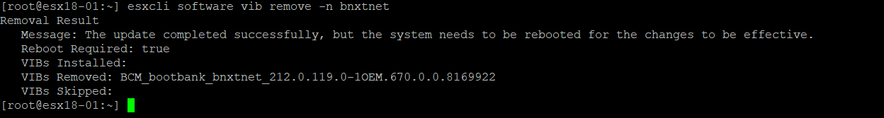 esxcli software vib remove command output