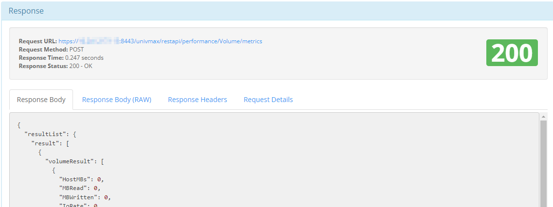 Imagem mostrando um código de resposta HTTP 200 bem-sucedido com métricas do dispositivo.
