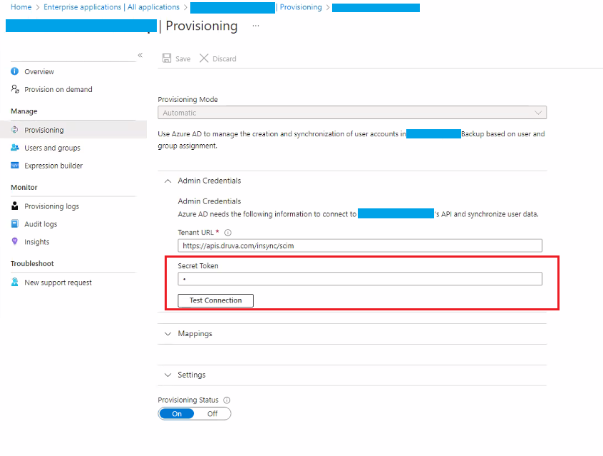Conexão de teste de provisionamento