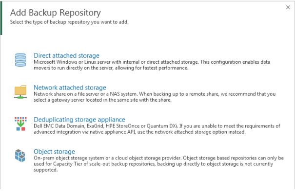 En el cuadro de diálogo Add Backup Repository, seleccione Object Storage > S3 Compatible.