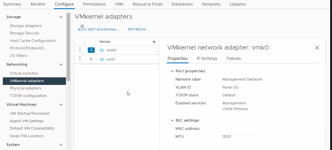 Screenshot of error showing vmk0 enabled with vSAN traffic