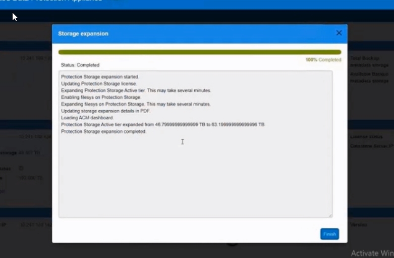 The image shows Progress/Status/Errors reported&nbsp;in the 'Storage Expansion' window