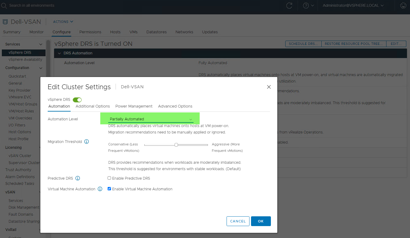 Screenshot of DRS settings