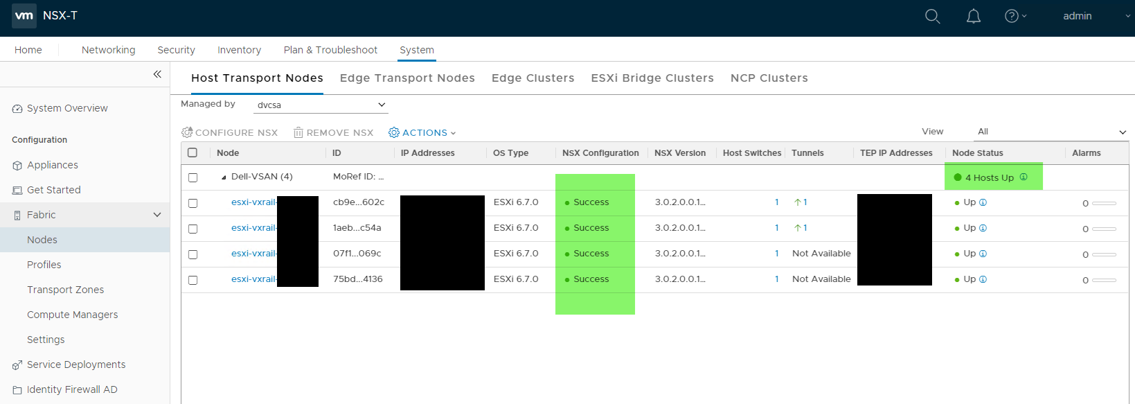 Screenshot of NSX-T status as healthy