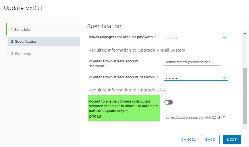 Screenshot showing the DRS option during upgrade
