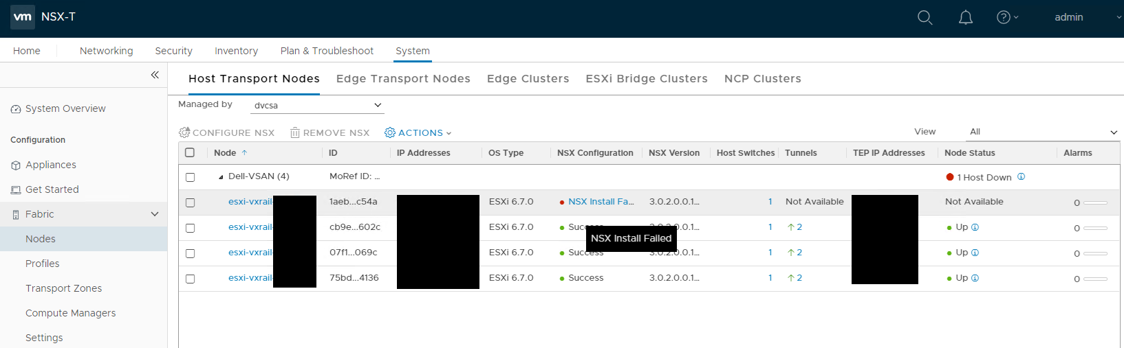 Screenshot of host failure in NSX-T