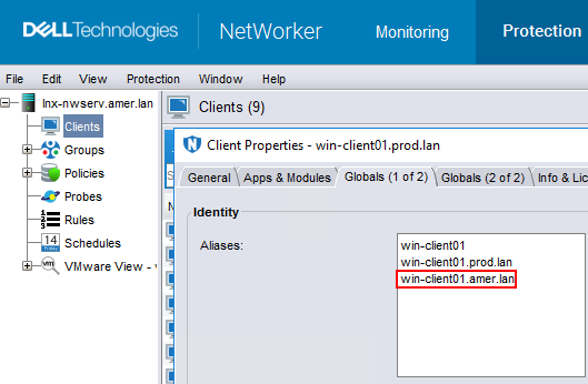 Alias de client NetWorker