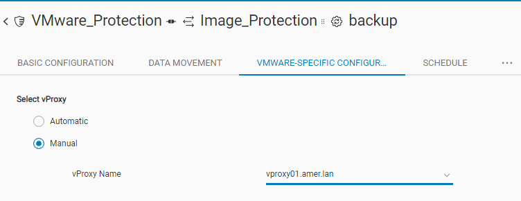 Backup action has a vProxy manually selected