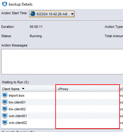 backup action details in the NMC
