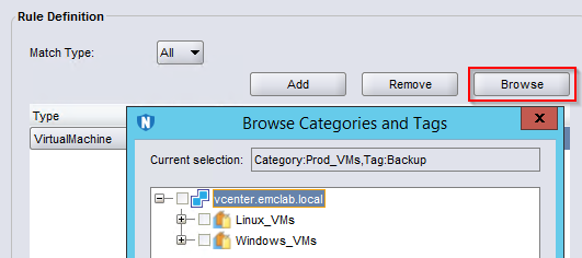 Using the Browse button to select VMware categories and tags