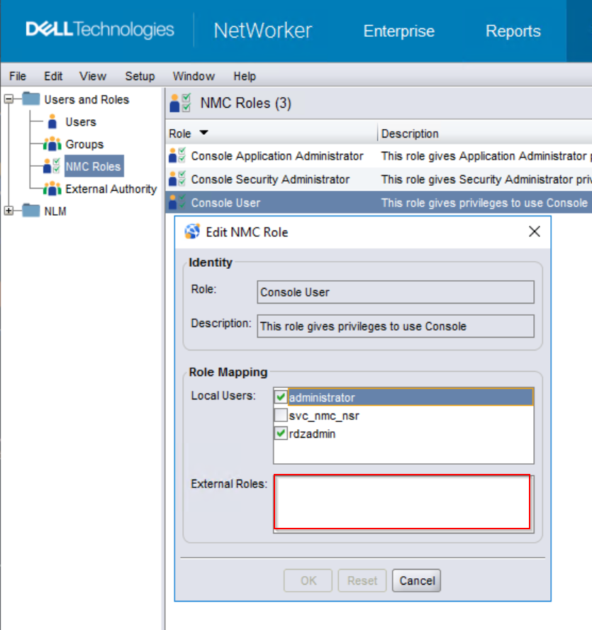 External Roles field contains no external users or groups